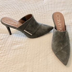 Calvin Klein, Silver Suede Mules, 3" heal. Size 7.5 fits like a 7, Never worn.